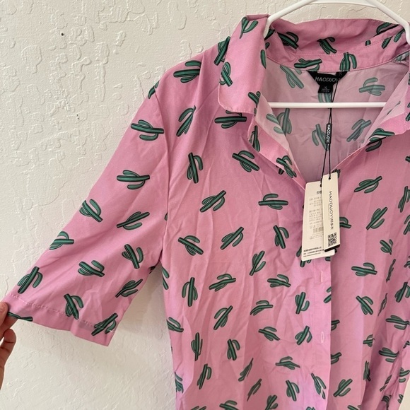 Pink Green Cactus Cacti Button Front T Shirt Size XL - Picture 2 of 8